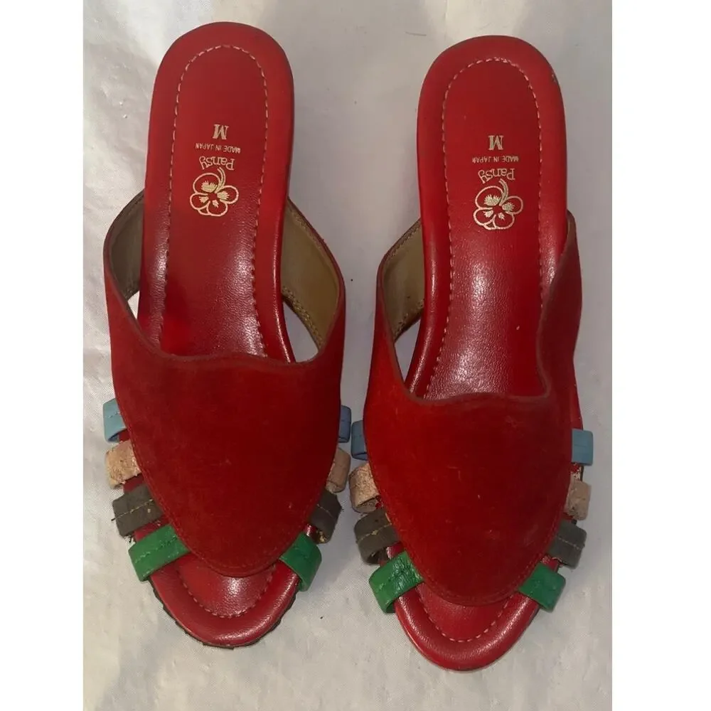 Pansy Red Suede Slides Sandals - Made in Japan - Size: M